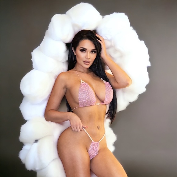 HANA Pink Barbiecore Pearl & Rhinestone Mesh Brazilian Cut Sexy String Bikini - Picture 2 of 7